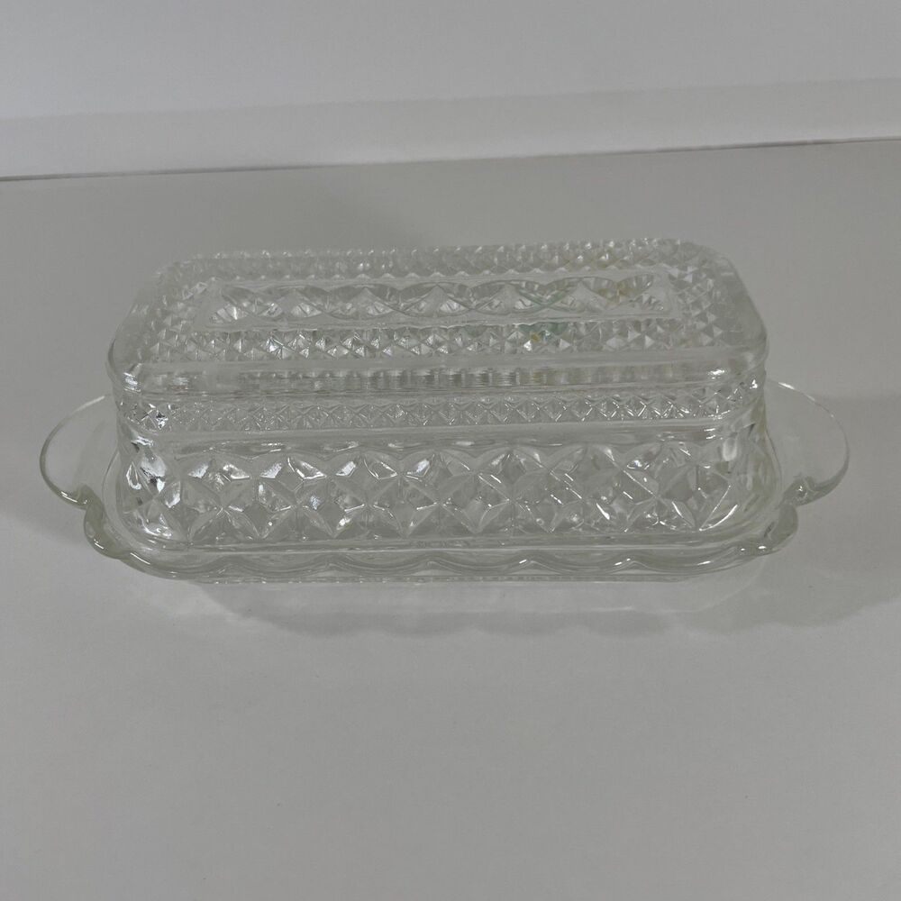 Vintage Wexford Anchor Hocking Glass Covered Butter Dish Diamond Point Pattern
